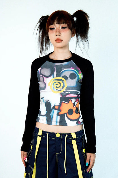 Women Vortex Skull Print Long Sleeve Raglan Stitch Backing T-Shirt Tops Fairy Grunge Graphic Vintage Y2k Slim Long Sleeve Top SS69