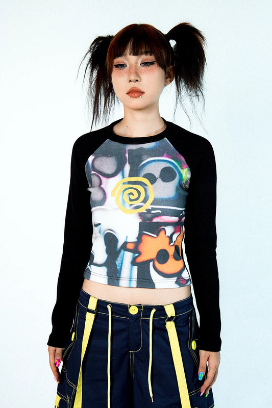 Women Vortex Skull Print Long Sleeve Raglan Stitch Backing T-Shirt Tops Fairy Grunge Graphic Vintage Y2k Slim Long Sleeve Top SS69