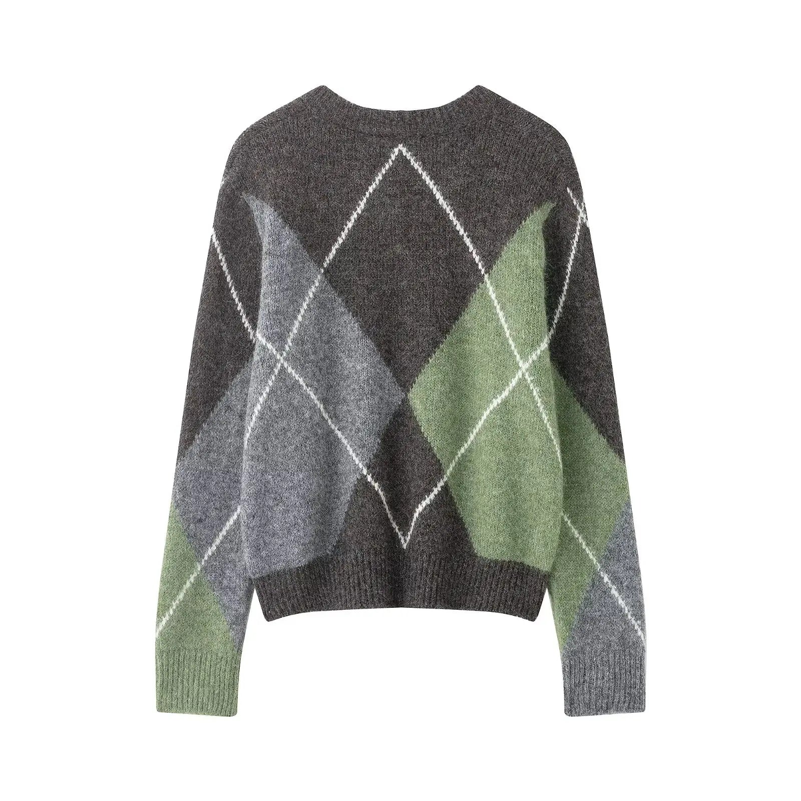 HH 2026 Spring Sweater For Women Elegant Fashion Diamond Plaid Knitted Pullover Sweater Loose Oversized High Street Lady Tops