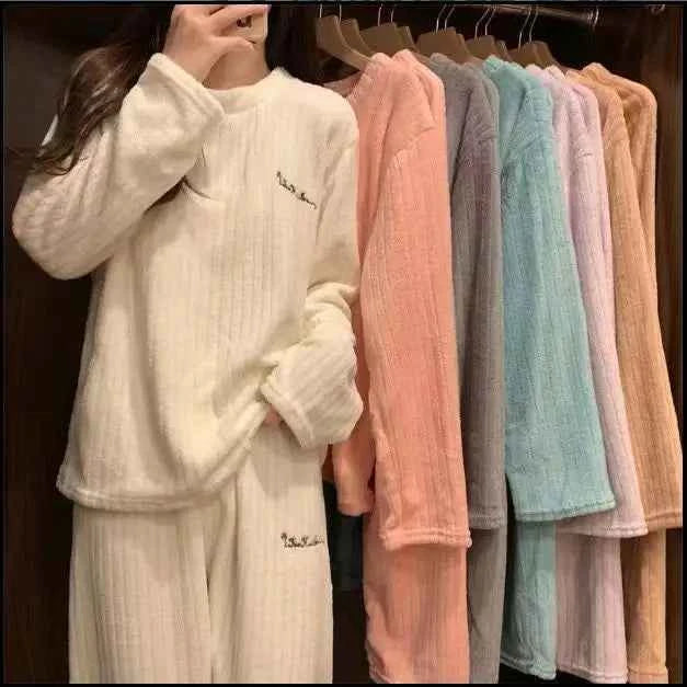 Women Coral Fleece Pajamas Set Winter Flannel Homewear Outfit Loungewear Sleepwear Cozy Warm House Dress Casual Wear