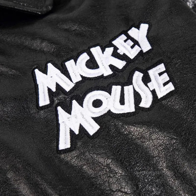 Disney American Cartoon Mickey Embroidery Leather Jacket Men Women Autumn Winter Loose Casual Jacket Fashion Trend Couples Coat SS69