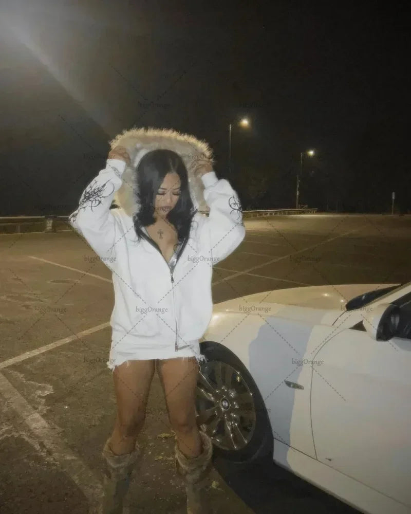 Y2K Fashion Collection Versatile Jacket Zip Up Hoodies Casual Plush fur Hooded Womens Comfortable Thickened Cardigan Coat Tops SS69