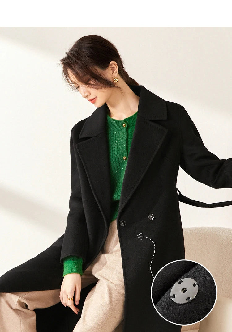 SENTUBILA Women's 100% Wool Long Wrap Coat with Belted Waist