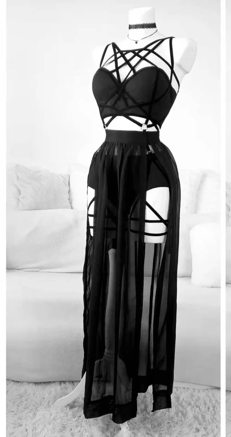 Gothic Mesh Backless Crop Top & Skirt Set - 3 Piece