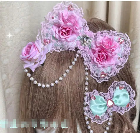 SS69 Lolita Lace Bow Hairpin with Pearl Chain and Floral Accents
