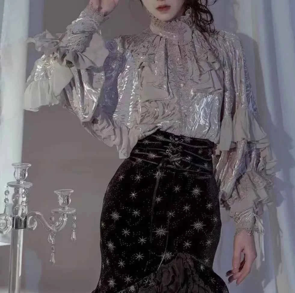 Japanese Kawaii Lolita Blouse Women Vintage Lantern Sleeve Shirt Y2k Aesthetic Lace Patchwork Tops Top Cospaly JK Loose Blusas