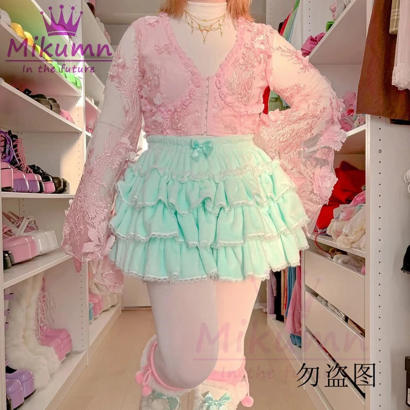 Harajuku Y2k Sweet Pink White Pumpkin Pants Lolita Autumn Winter JK Plush Shorts Japanese Kawaii Ruffles Lantern Shorts SS69