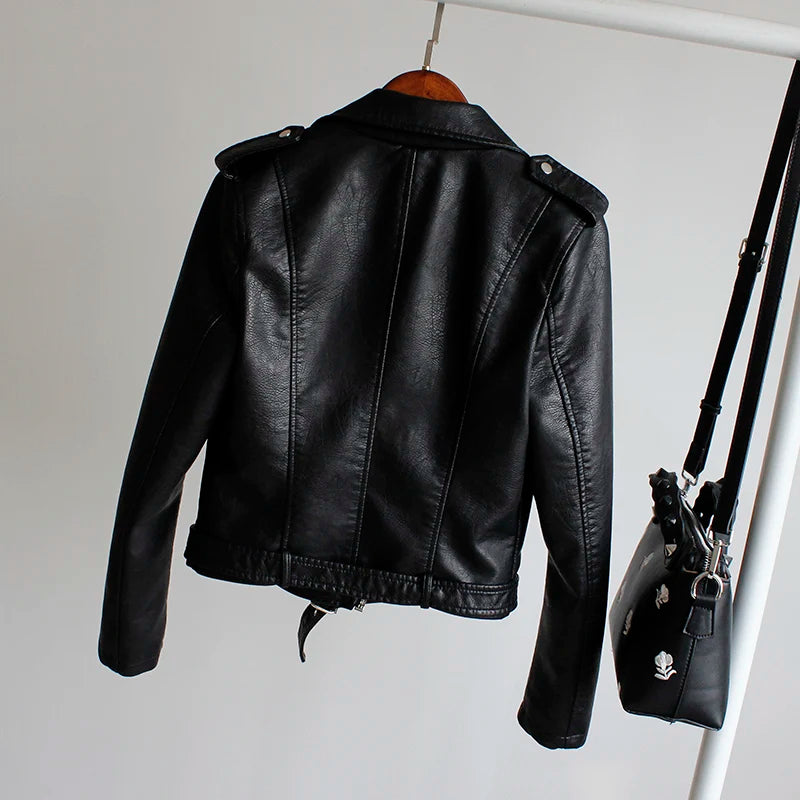 Women's PU Leather Motorcycle Jacket - Slim Fit, Turn-Down Collar