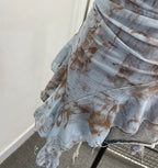 Women's Vintage Tie-dye Printed Mesh Spaghetti Strap Camisole Hot Girl Irregular Ruffled Ribbon Sleeveless Top Partyclub 1185