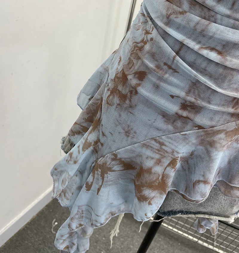 Women's Vintage Tie-dye Printed Mesh Spaghetti Strap Camisole Hot Girl Irregular Ruffled Ribbon Sleeveless Top Partyclub 1185