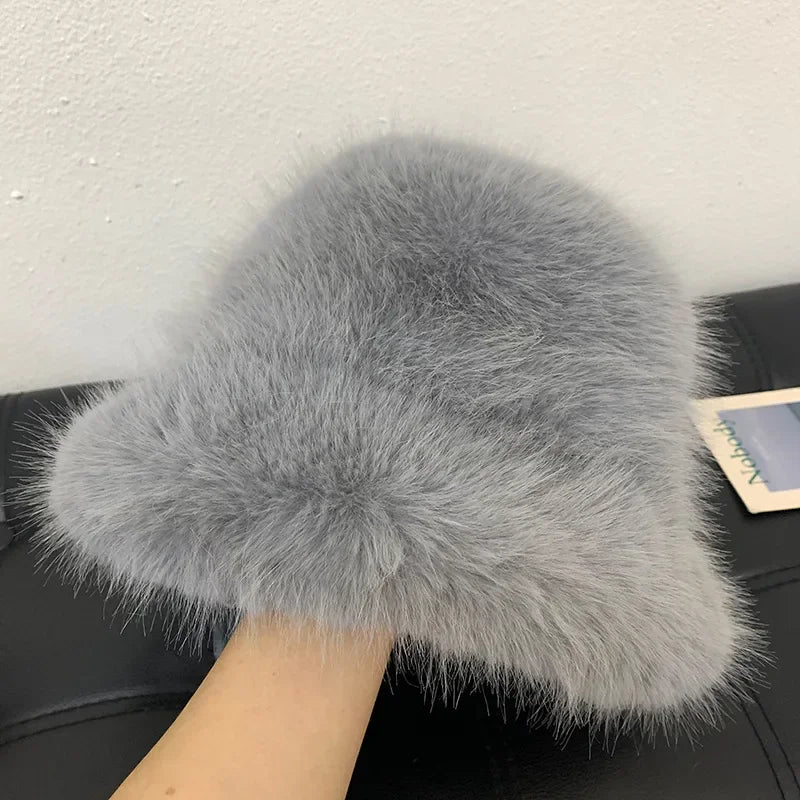Women's Fluffy Faux Rabbit Fur Bucket Hat - Warm Plush Winter Cap