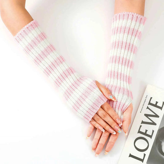 Women's Knitted Fingerless Arm Sleeves Gothic Style Striped Winter Long Arm Warmers Girls Harajuku Y2K Fashion Wrist Gloves