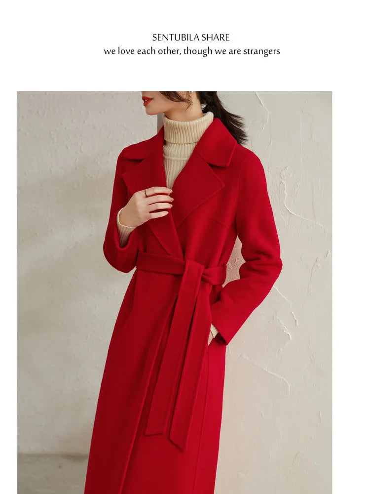 SENTUBILA Women's 100% Wool Long Wrap Coat with Belted Waist