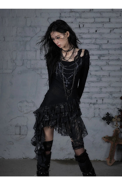 NO ROMANCE Fairy Sexy Punk Printing Half Transparent Lace Patch Knitted Long Sleeve Hooded Dresses Rock Gothic Design Vestidos SS69