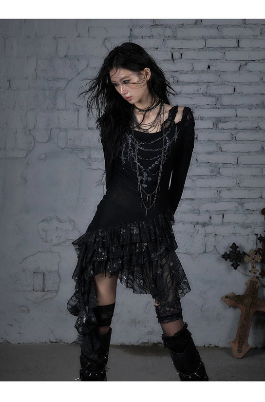 NO ROMANCE Fairy Sexy Punk Printing Half Transparent Lace Patch Knitted Long Sleeve Hooded Dresses Rock Gothic Design Vestidos SS69