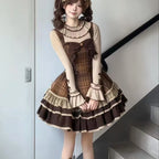Autumn Winter Lolita Style 3 Piece Set Women Lace Bow Peter Pan Collar Cloak Coat Plaid Mini Dress Korean Fashion Y2k Sweet Suit