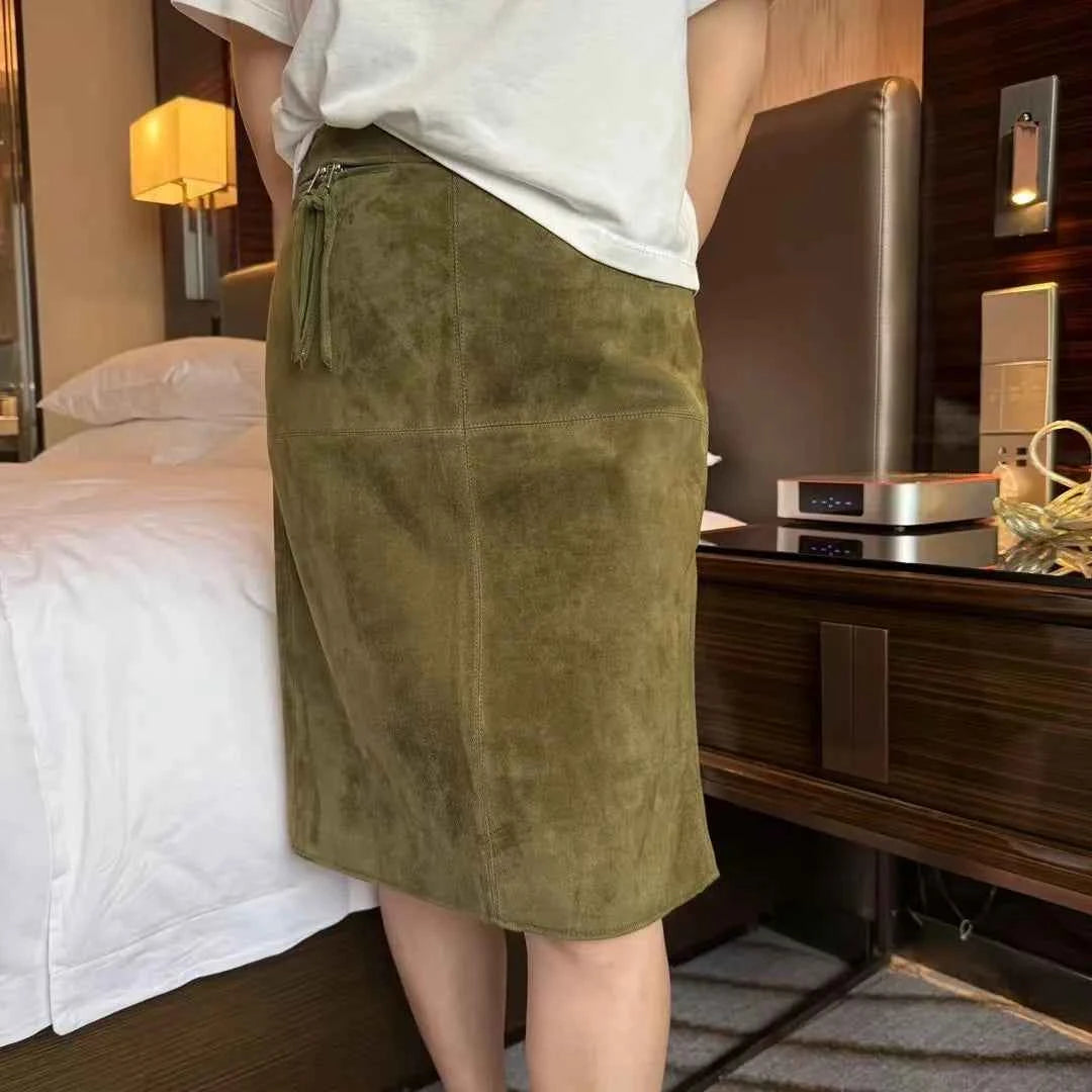 Retro Brown Genuine Kid Suede Real Leather Pencil Skirt Side Slit Soft Lambskin Midi Skirt with Knee Length Women