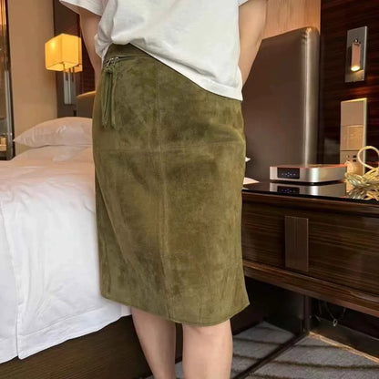 Retro Brown Genuine Kid Suede Real Leather Pencil Skirt Side Slit Soft Lambskin Midi Skirt with Knee Length Women