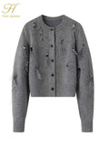 H Han Queen Autumn Simple Basic Black Tasseled Sequins Knitted Coats Cardigan Sweater For Womens Tops Long Sleeve Cardigans