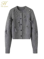 H Han Queen Autumn Simple Basic Black Tasseled Sequins Knitted Coats Cardigan Sweater For Womens Tops Long Sleeve Cardigans