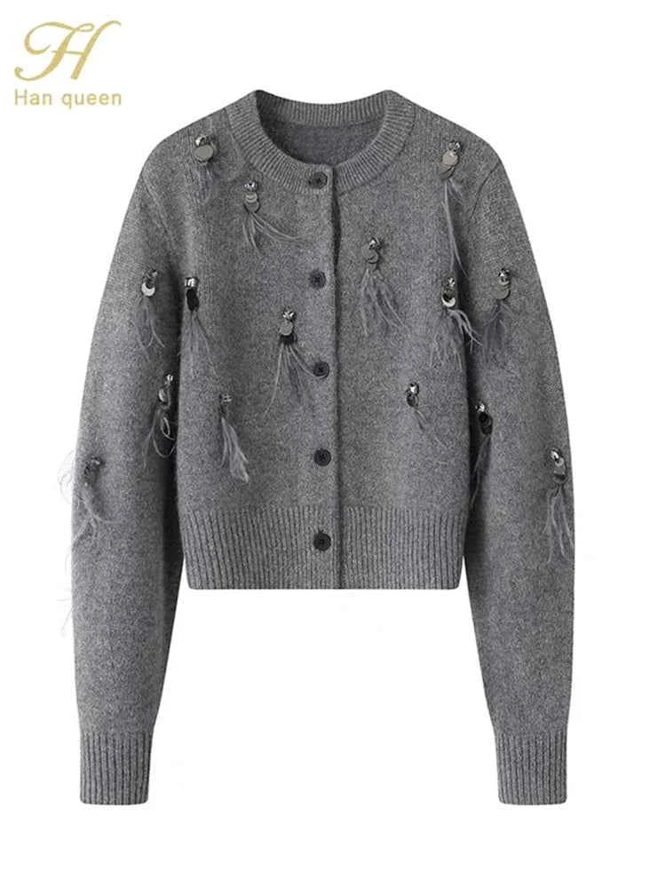 H Han Queen Autumn Simple Basic Black Tasseled Sequins Knitted Coats Cardigan Sweater For Womens Tops Long Sleeve Cardigans