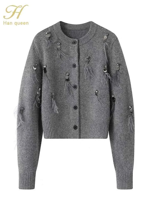 H Han Queen Autumn Simple Basic Black Tasseled Sequins Knitted Coats Cardigan Sweater For Womens Tops Long Sleeve Cardigans