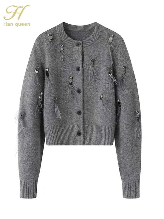 H Han Queen Autumn Simple Basic Black Tasseled Sequins Knitted Coats Cardigan Sweater For Womens Tops Long Sleeve Cardigans