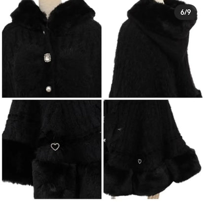 Godivana Lolita Style Faux Rabbit Fur Cape Coat with Bow & Rhinestones - White