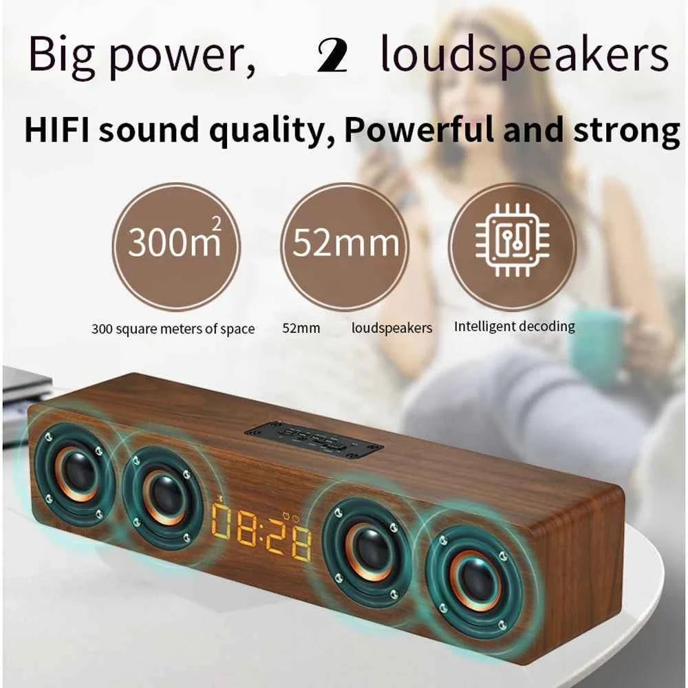 Rechargeable Wooden Alarm Clock with Bluetooth Soundbar Subwoofer Speaker and FM Radio for Home or E-sport Game Room Decoration
