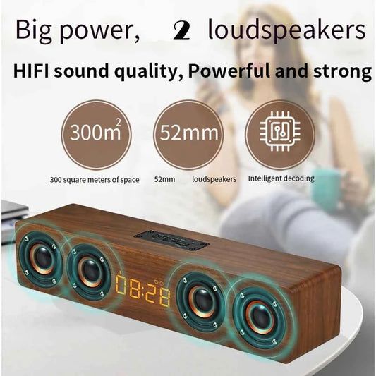 Rechargeable Wooden Alarm Clock with Bluetooth Soundbar Subwoofer Speaker and FM Radio for Home or E-sport Game Room Decoration