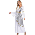Woman's Greek Aphrodite Nymph Halloween Cosplay Costume Shiny Bell Long Sleeve Maxi Robe Dress Church Choir Prayer Gown