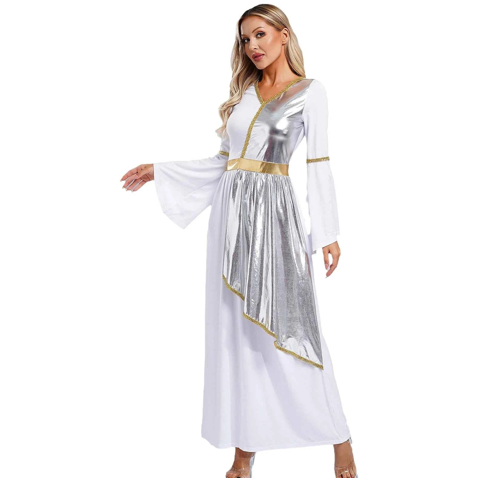 Woman's Greek Aphrodite Nymph Halloween Cosplay Costume Shiny Bell Long Sleeve Maxi Robe Dress Church Choir Prayer Gown