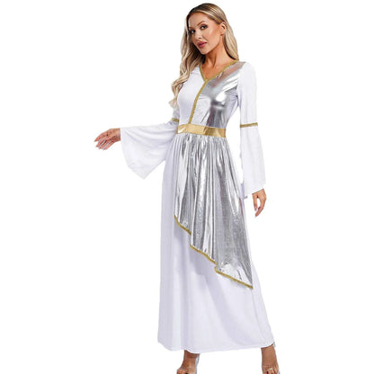 Woman's Greek Aphrodite Nymph Halloween Cosplay Costume Shiny Bell Long Sleeve Maxi Robe Dress Church Choir Prayer Gown