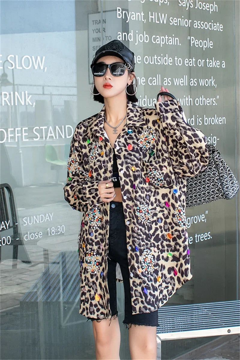 Harajuku Vintage Pearl Beaded Diamonds Leopard Print Women Thin Shirt Jacket Loose Casual Lapel Long Sleeve Female Jacket Coat SS69