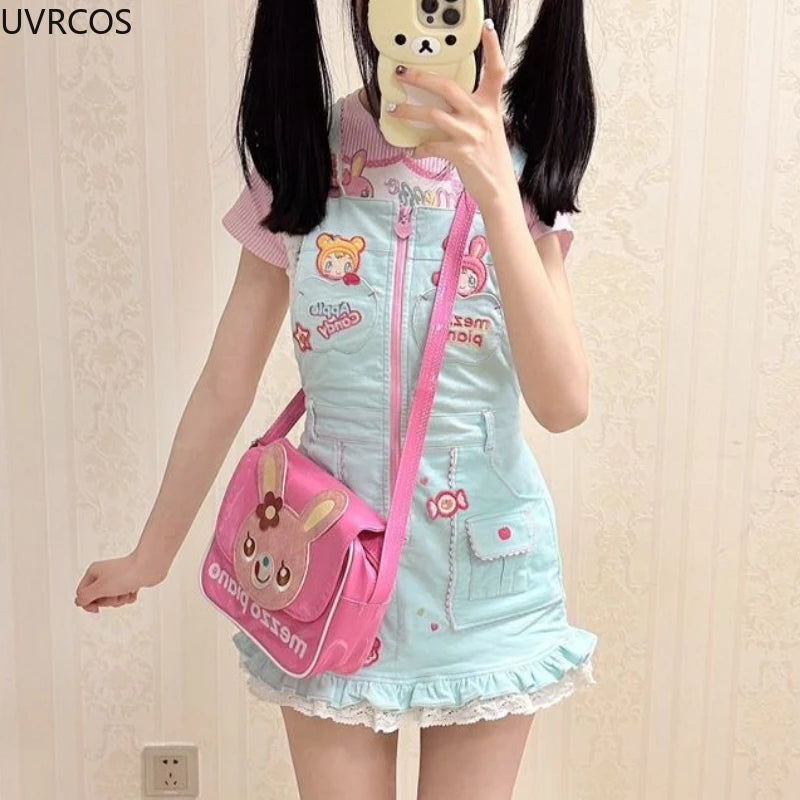 Sweet Lolita Style Strap Dress Women Cute Bunny Cartoon Embroidery Kawaii Party Mini Dress Female Korean Fashion Princess Dress SS69