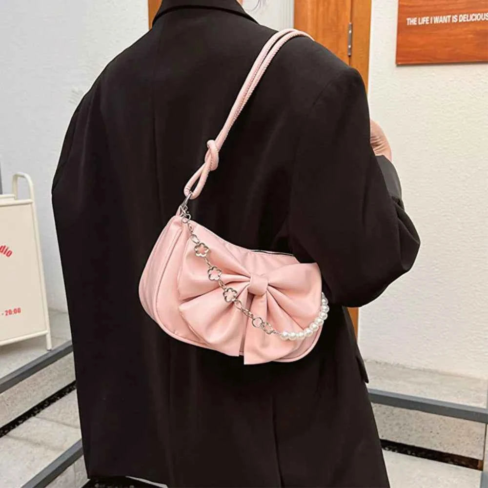 Trendy Pearl Bow Shoulder Bag Underarm Bag Daily Commuting Bag Casual Handbag Solid Business Women's Bag