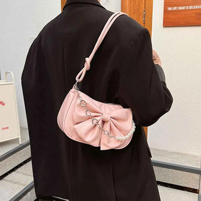Trendy Pearl Bow Shoulder Bag Underarm Bag Daily Commuting Bag Casual Handbag Solid Business Women's Bag