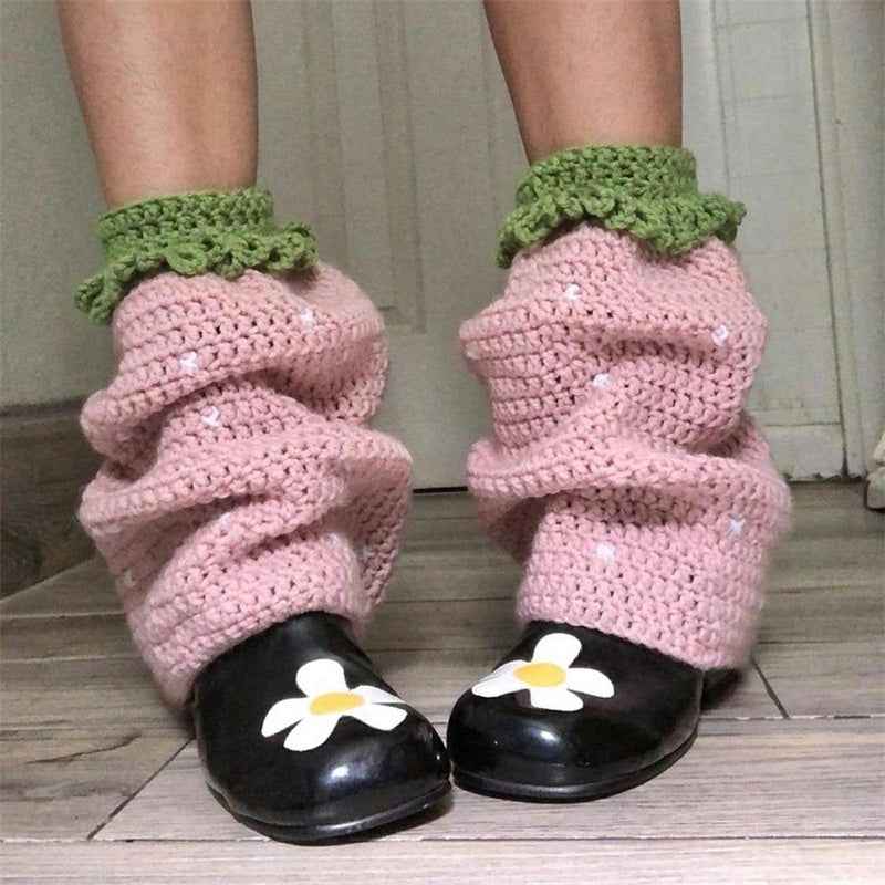Women Knit Leg Warmers Contrast Color Knee High Socks Y2K Aesthetic Boot Cuffs Cover for Streetwear Kawaii Short Socks