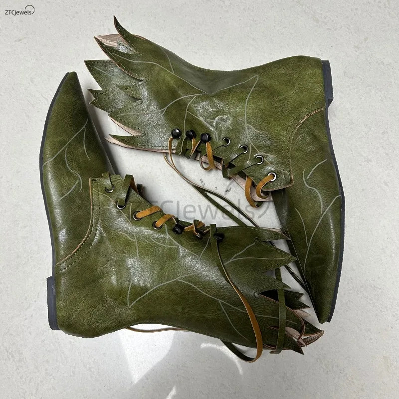Women New Halloween Elf Witch Cosplay Retro Shoes Faux Leather Party Green Tree Spirit Leaf Boots Gifts for Her