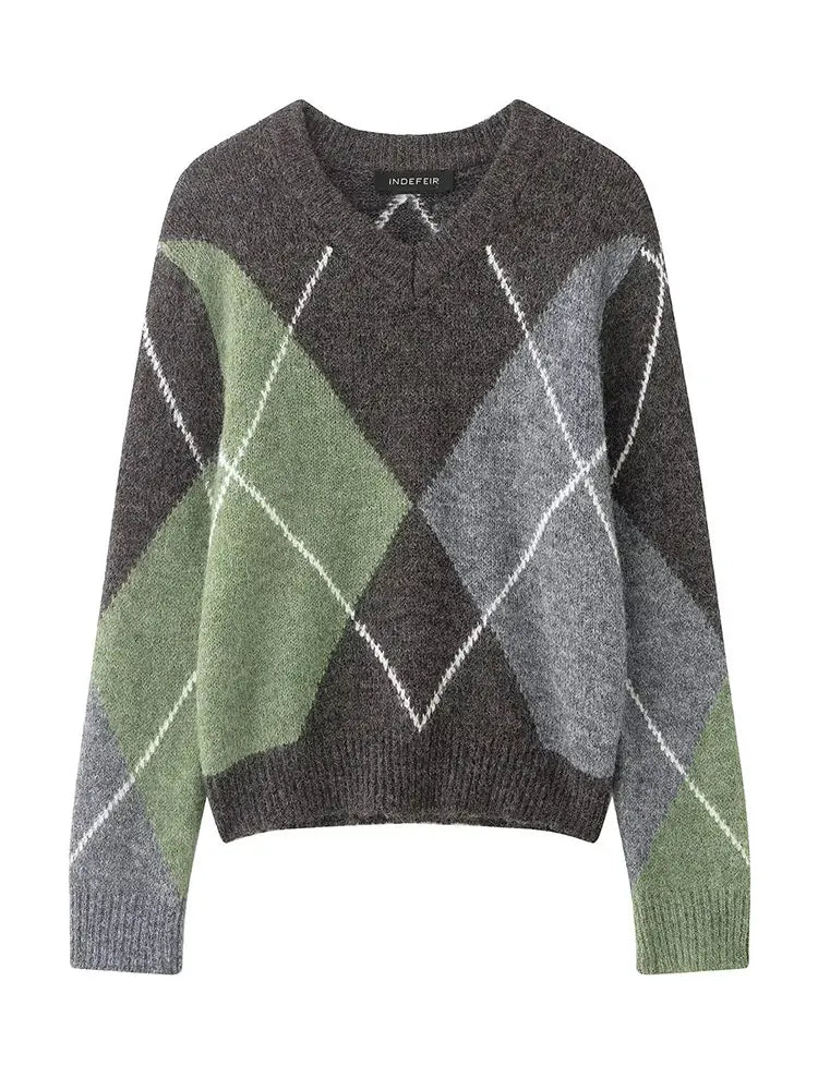 HH 2026 Spring Sweater For Women Elegant Fashion Diamond Plaid Knitted Pullover Sweater Loose Oversized High Street Lady Tops