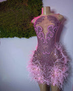 Stunning Sparkly Luxury Diamond Women Birthday Party Cocktail Gowns Sexy Sheer Pink Feather Mini Short Prom Dresses 2025 SS69