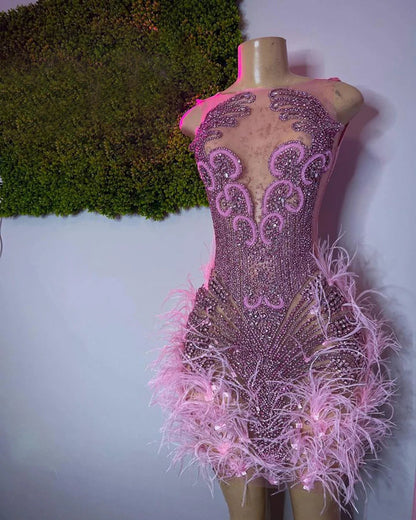 Stunning Sparkly Luxury Diamond Women Birthday Party Cocktail Gowns Sexy Sheer Pink Feather Mini Short Prom Dresses 2025 SS69