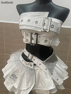 Summer Vintage Elegant Y2K Woman 2 Piece Sets Punk Gothic Strapless Crop Tops +High Waist Ruffle Skirt Female Party Outfits 2025 SS69