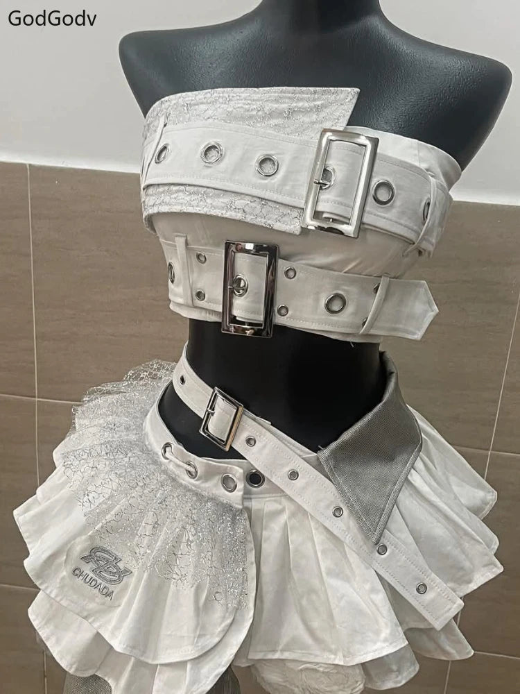 Summer Vintage Elegant Y2K Woman 2 Piece Sets Punk Gothic Strapless Crop Tops +High Waist Ruffle Skirt Female Party Outfits 2025 SS69