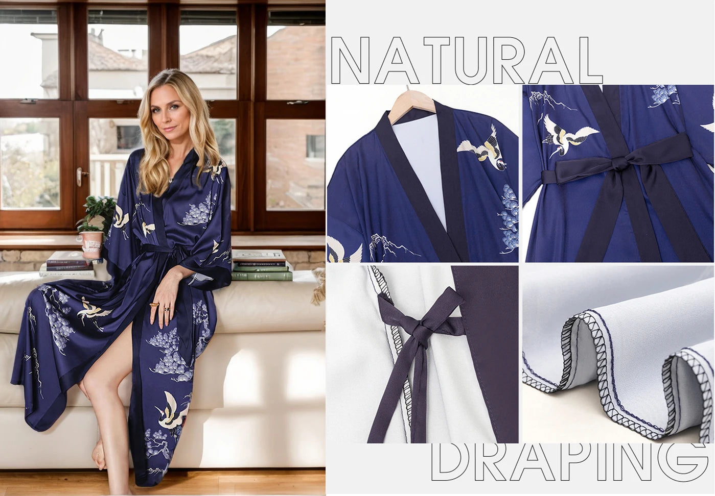 Women's Long Silk Satin Kimono Robe - Lightweight & Soft