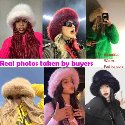 2025 Fluffy Faux Fur Bucket Hats Women Rabbit Fur Warm Thick Plush Winter Hat Lady Fashion Luxury Panama Furry Fisherman Cap Y2k