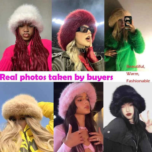 2025 Fluffy Faux Fur Bucket Hats Women Rabbit Fur Warm Thick Plush Winter Hat Lady Fashion Luxury Panama Furry Fisherman Cap Y2k