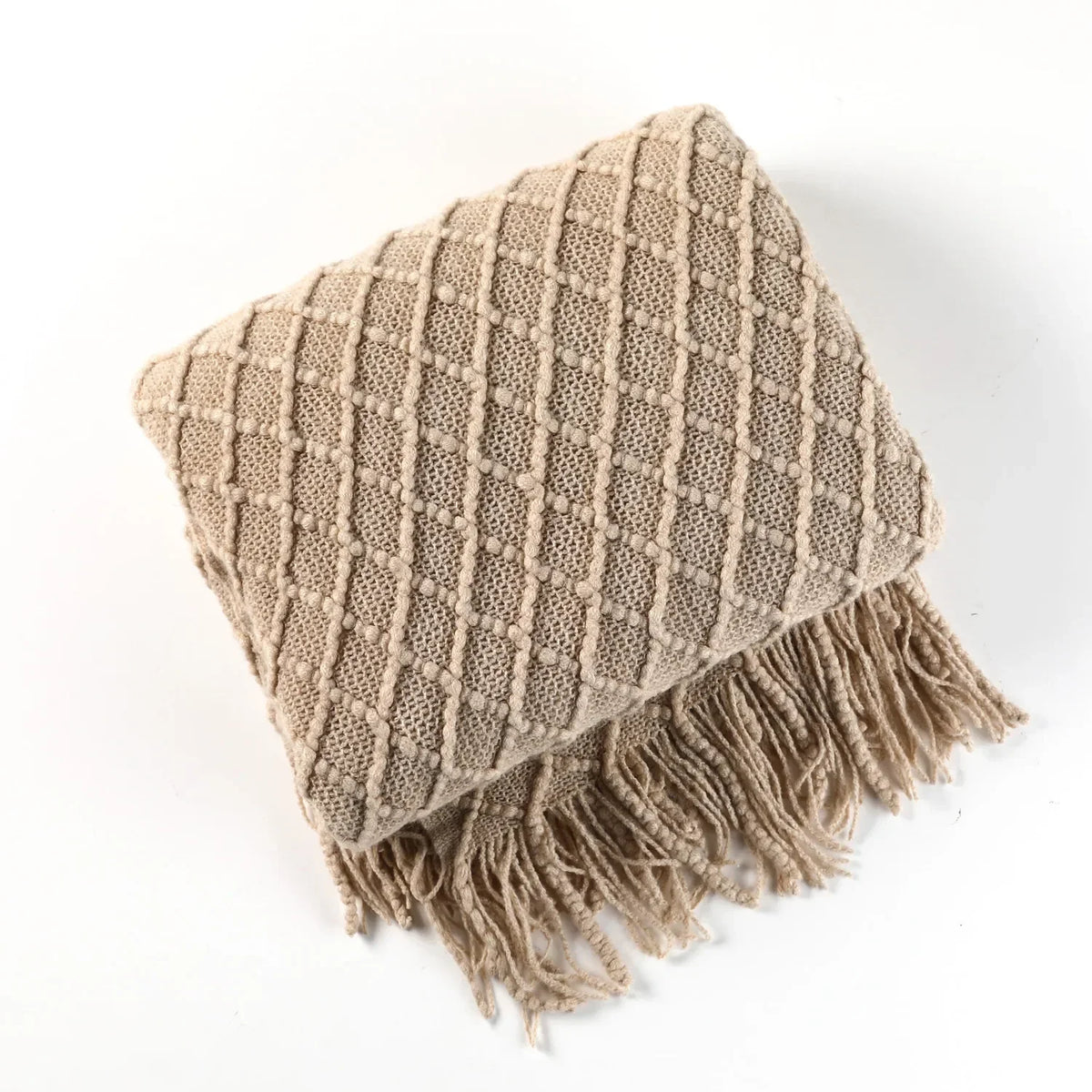 Handmade Crochet Knit Throw Blanket with Tassels, 100% Acrylic