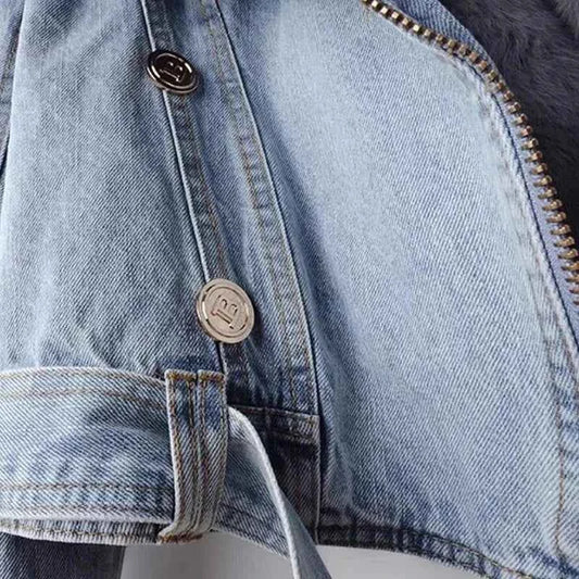 Women Faux Fox Fur Collar Jean Coat Winter Denim Jacket Female Short Warm Parkas Rabbit Hair Lining Outwear Fashion Overcoat