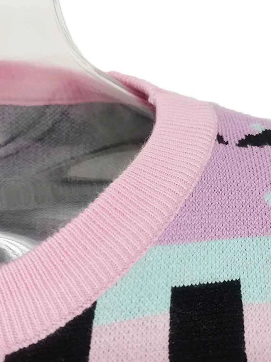 Yangelo Pink Kawaii Sweater Women's Knitted Top Gothic Ghost Bat Pattern Autumn Winter Warm Fairy Grunge Clothing